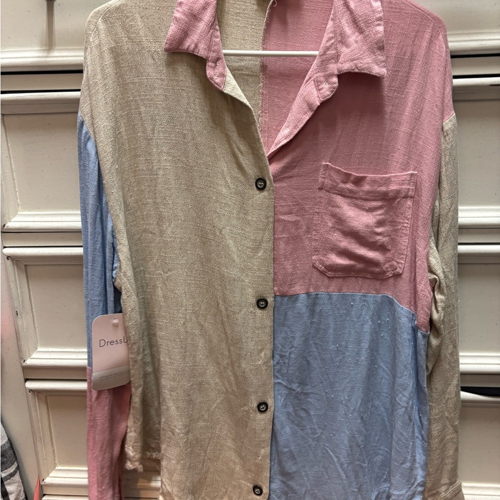 Women's Colorblock Button Down Shirt - Pink, Blue, Cream